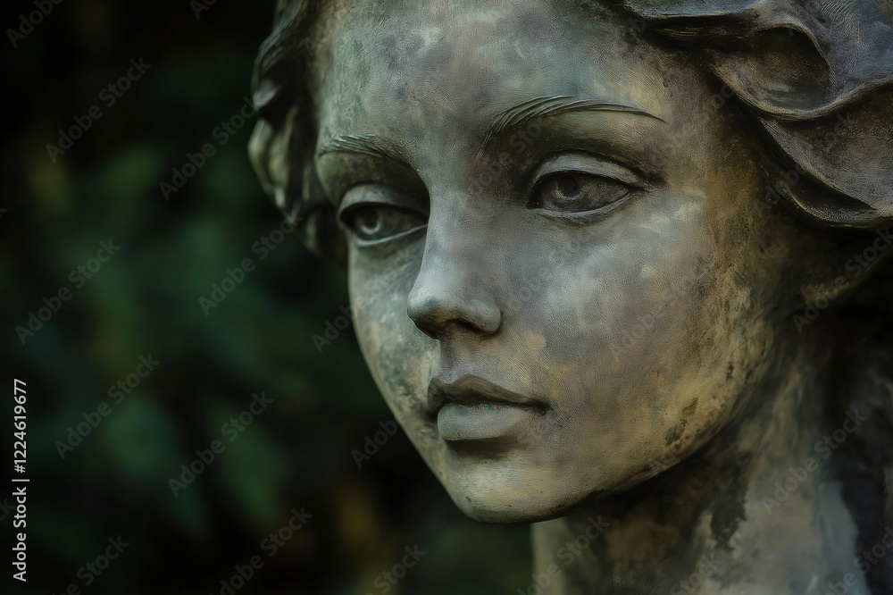 Close up of a weathered stone statue of a young woman, her serene expression and captivating gaze evoking a sense of timeless beauty and tranquility Close up of a weathered stone statue of a young woman, her serene expression and captivating gaze evoking a sense of timeless beauty and tranquility