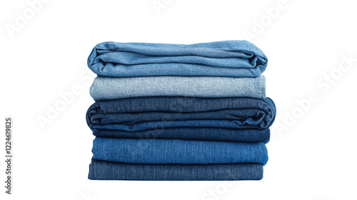 Stack of folded blue denim jeans on a wooden surface for casual fashion display