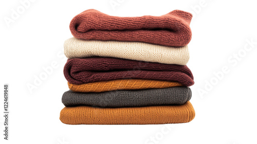 Stack of colorful sweaters neatly arranged on a wooden surface with warm lighting and a cozy atmosphere