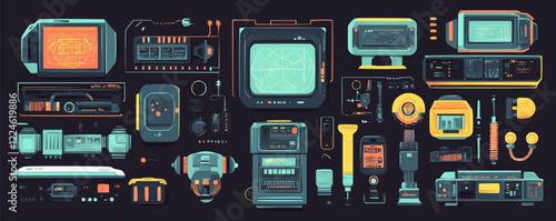 Retro futuristic gadgets vector design with vintage technology elements.