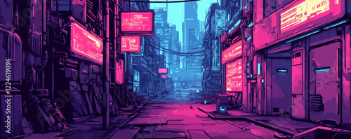 Futuristic city street vector with neon lights and urban atmosphere.