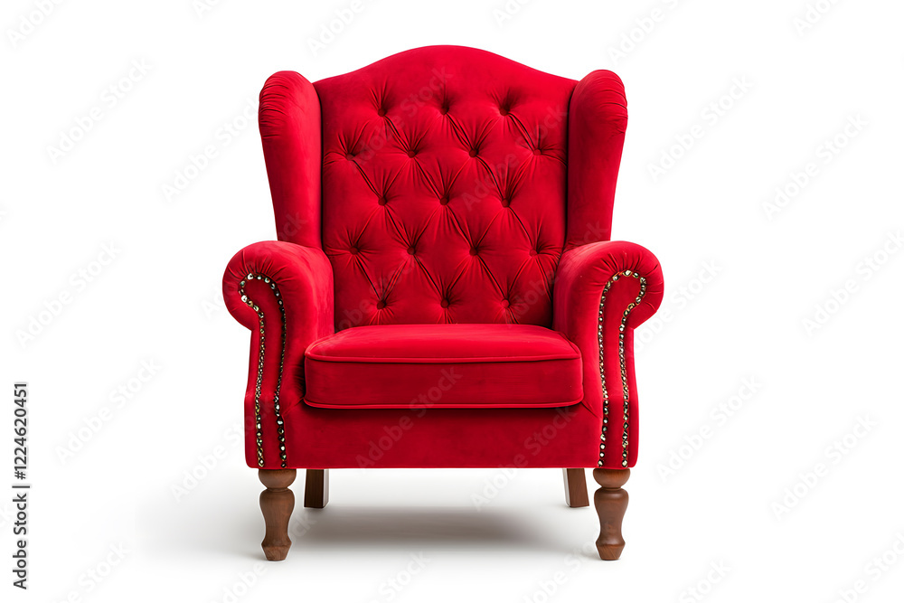 Elegant red velvet armchair with wooden legs. Santa's red velvet armchair isolated on white background Elegant red velvet armchair with wooden legs. Santa's red velvet armchair isolated on white background