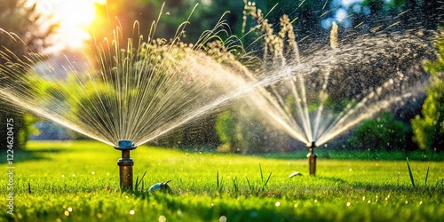 Efficient Irrigation: Sprinkler System Watering Lush Green Lawn
