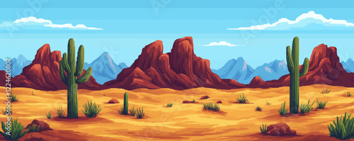 Desert landscape vector with cacti and rocky mountains.