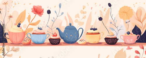 Lovely tea time vector: whimsical teapot and cupcake arrangement.