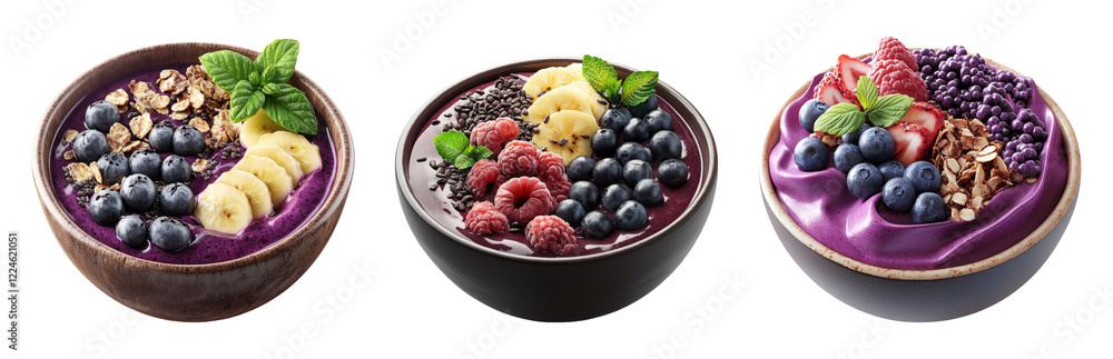 Three vibrant smoothie bowls with fruits and granola on a transparent background Three vibrant smoothie bowls with fruits and granola on a transparent background