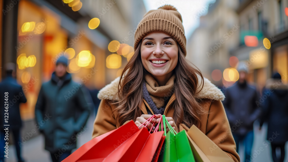 Holiday Shopping: Smiling Woman with Shopping Bags in Urban Setting Holiday Shopping: Smiling Woman with Shopping Bags in Urban Setting