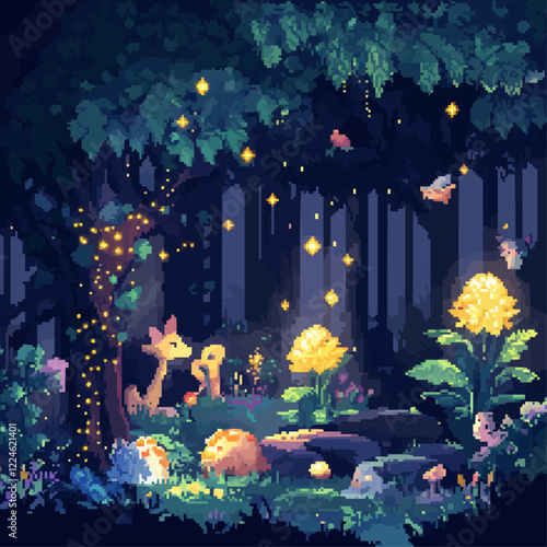 Enchanting forest vector: pixel art with magical creatures and glowing flora.