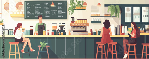Cozy coffee shop vector scene with barista and customers.
