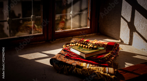 Foto A Ramadan-inspired scene featuring the Quran, prayer beads, and a prayer rug by a sunlit window, symbolizing faith, spirituality, and devotion during the holy month