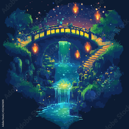 Enchanting nighttime forest bridge vector with lanterns and waterfall.