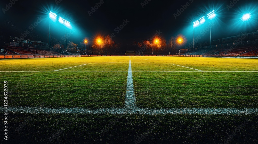 Night stadium, empty football field, floodlights. Night stadium, empty football field, floodlights.
