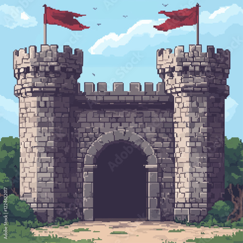 Medieval castle vector with flags and blue sky.