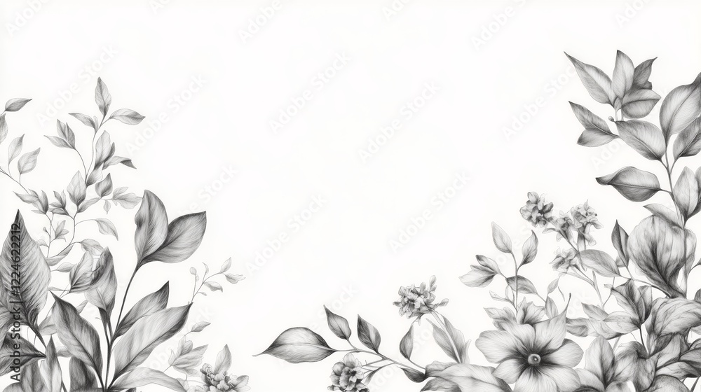 Fototapeta premium Botanical border with pencil-drawn leaves and flowers in black and white, perfect for timeless designs. AI generated