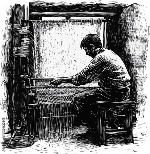 Vector artwork of traditional weaving scene with artisan at loom.