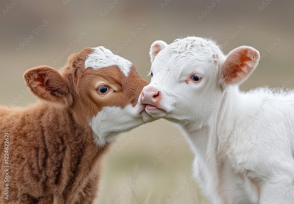 Two Adorable Young Calves Playfully Interacting in a Serene Pastoral Setting, Displaying Their Unique Colors and Expressive Faces with a Soft Background Two Adorable Young Calves Playfully Interacting in a Serene Pastoral Setting, Displaying Their Unique Colors and Expressive Faces with a Soft Background