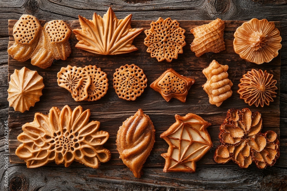 enticing display of uniquely shaped Korean dalgona snacks, featuring intricate designs and textures, set against a rustic wooden backdrop for a warm, inviting feel enticing display of uniquely shaped Korean dalgona snacks, featuring intricate designs and textures, set against a rustic wooden backdrop for a warm, inviting feel