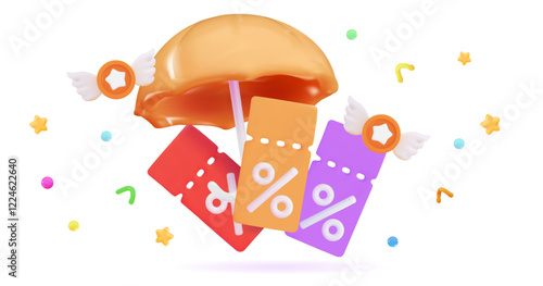3d coupons under umbrella icon Three vouchers surrounded by discount coupons Christmas and exclusive benefits concept