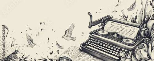 Vintage typewriter vector with flying birds and ornaments.