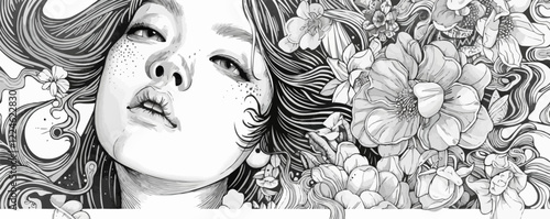 Captivating floral vector artwork featuring flowing hair and flowers.