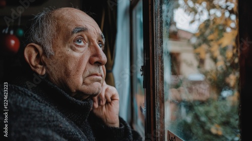 Elderly Man Contemplating Looking Out Window Thoughtful Senior Citizen Autumn Day