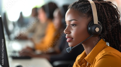 Focused Female Customer Service Agent Wearing Headset Providing Support