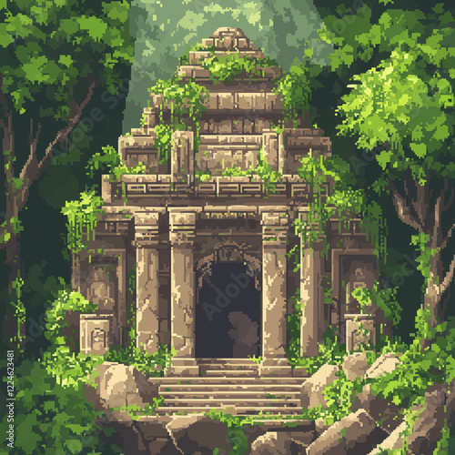 Ancient jungle temple vector with mystical stone details.