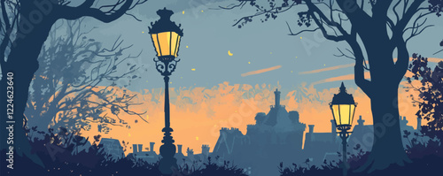 Vector art of vintage street lamps in a twilight landscape scene.