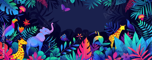 Colorful jungle animals and plants vector design with giraffes and elephants.