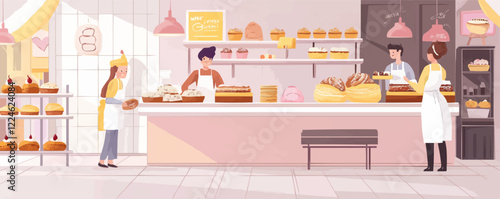Bakery vector scene with employees and customers in cozy interior.