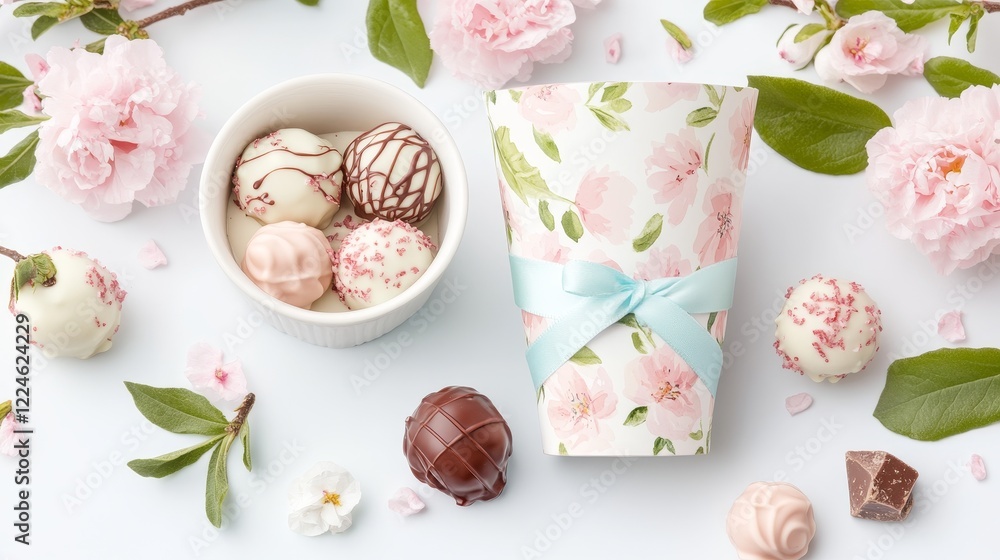 Fototapeta premium Delicate Chocolates and Spring Blossoms Arrangement