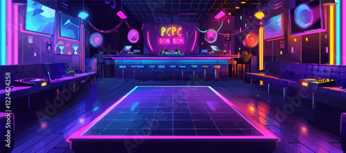 Vibrant vector dance floor in neon-themed nightclub interior.