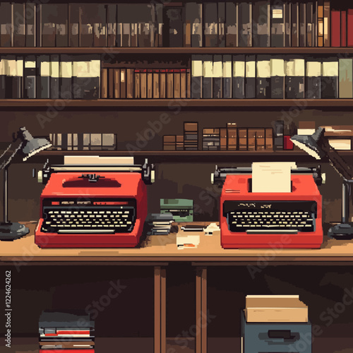 Vintage office vector scene with red typewriters and bookshelves.