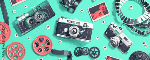 Vintage camera collection vector on teal background.