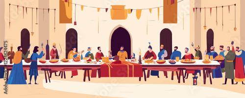 Medieval banquet vector with feasting characters and long table.