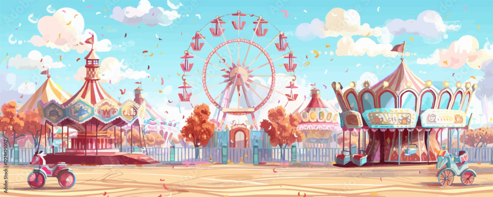 Whimsical carnival scene vector with ferris wheel and colorful rides. Whimsical carnival scene vector with ferris wheel and colorful rides.