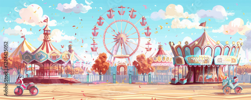 Whimsical carnival scene vector with ferris wheel and colorful rides.