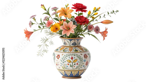 Elegant decorative ceramic vase filled with vibrant, fresh flowers, adding a touch of beauty and sophistication to any room, perfect for home decor on transparent background PNG.