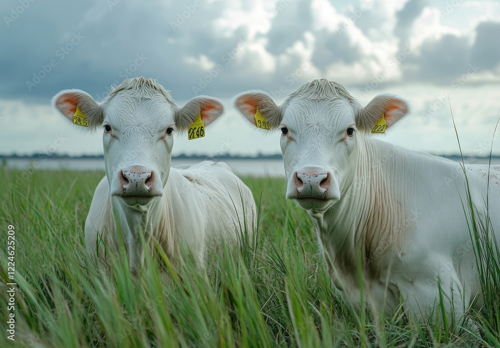 Fototapeta premium Two White Calves in Green Grass Under a Cloudy Sky, Capturing the Serenity of Rural Life and the Natural Beauty of Farm Animals Grazing in a Scenic Pasture