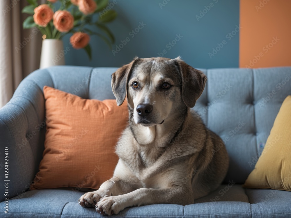 A relaxed dog sits on a stylish couch with colorful pillows, surrounded by a cozy interior adorned with flowers. A relaxed dog sits on a stylish couch with colorful pillows, surrounded by a cozy interior adorned with flowers.