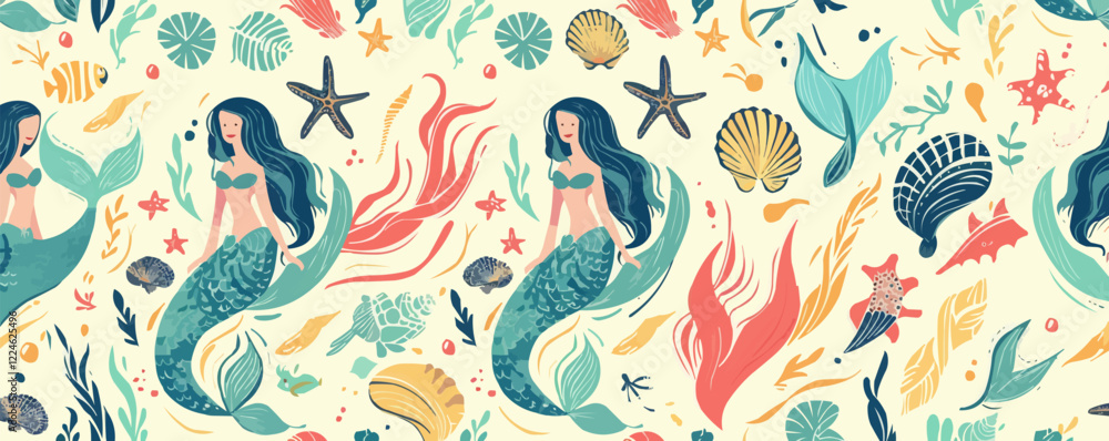 Naklejka premium Mermaid vector pattern with underwater sea elements.