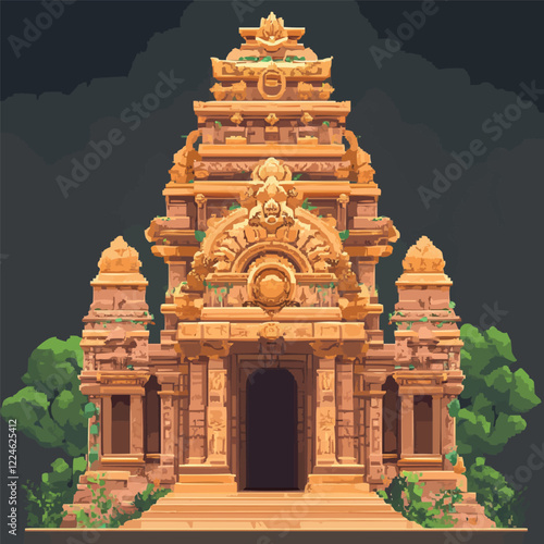 Ancient temple vector: detailed architectural design with ornate details.