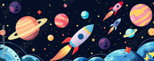 Colorful space adventure vector with rockets and planets.