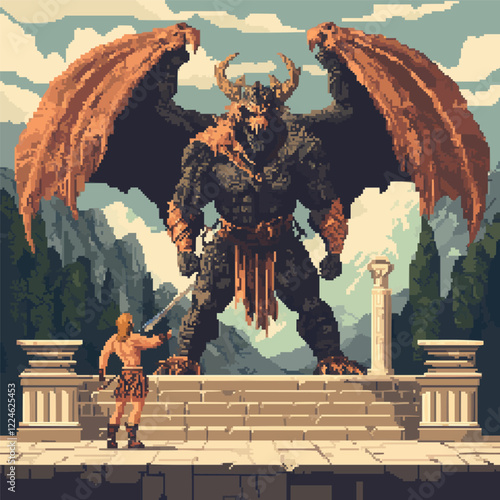 Epic fantasy battle vector art: warrior facing mythical demon.