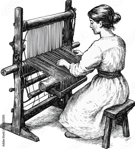Vintage handloom vector art: traditional weaving scene.