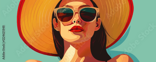 Vibrant sun hat vector portrait of a stylish woman in sunglasses.