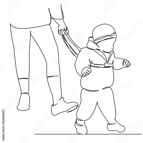 One continuous single drawing line art flat doodle child, cute, leash, baby, tethered, son, rein. Isolated image hand draw contour on a white background
