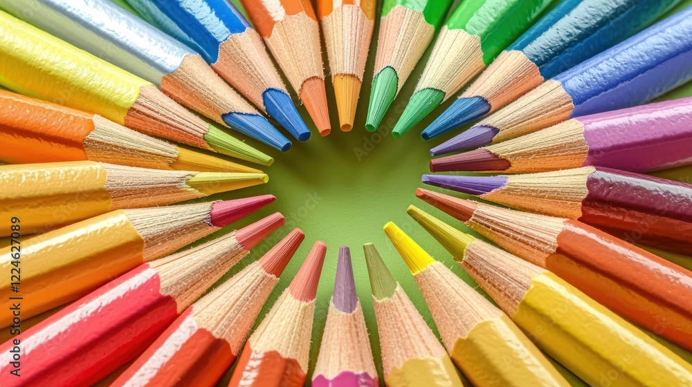 Colorful pencils heart shape green background art supplies Colorful pencils heart shape green background art supplies