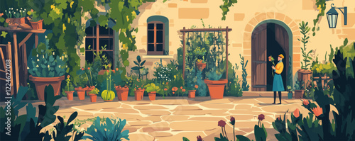 Charming vegetables garden vector scene with rustic architecture and lush greenery.