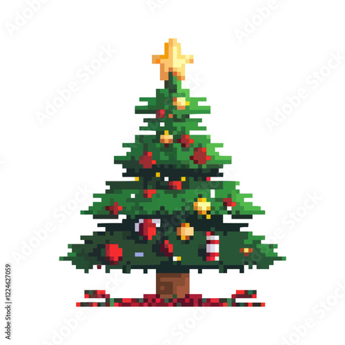 Pixel art christmas tree vector with retro holiday charm and festive ornaments.